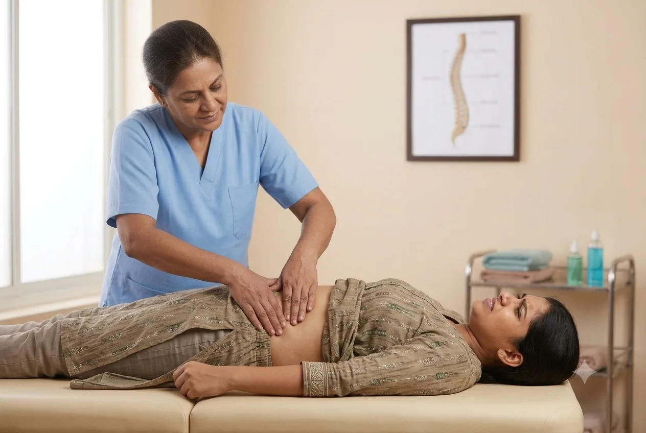 Physiotherapist assessing a patient for navel displacement treatment in Gurgaon